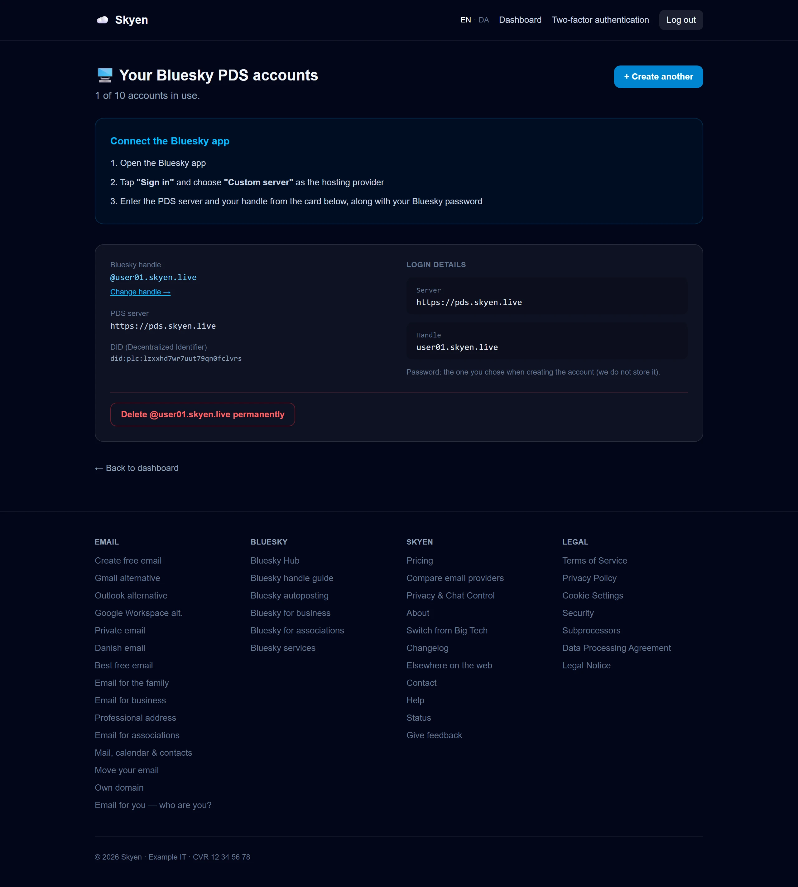 Bluesky-PDS-siden med kontoens handle, endpoint og eksport af arkiv med ét klik
